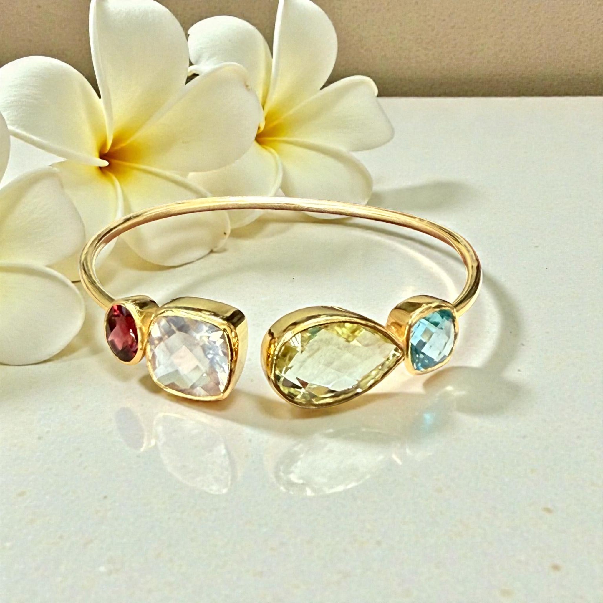 Multi-Gem Open Cuff Bangle – Garnet, Rose Quartz, Green Amethyst & Blue Topaz