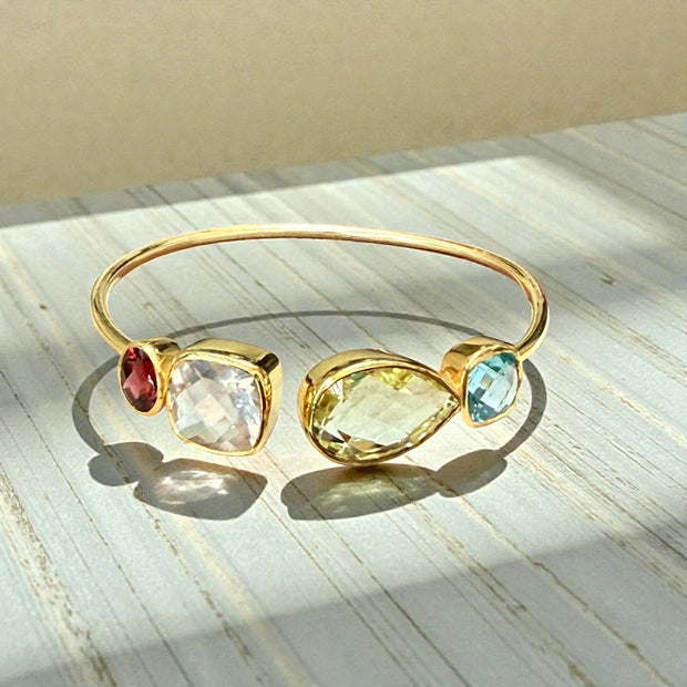 Multi-Gem Open Cuff Bangle – Garnet, Rose Quartz, Green Amethyst & Blue Topaz