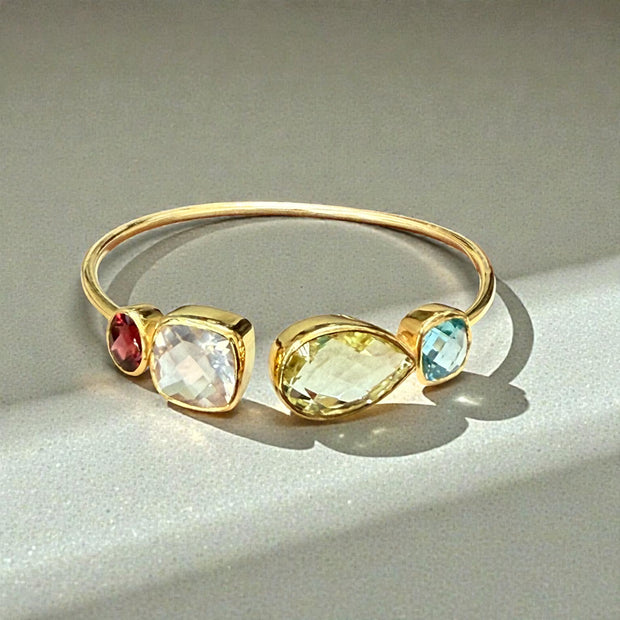 Multi-Gem Open Cuff Bangle – Garnet, Rose Quartz, Green Amethyst & Blue Topaz