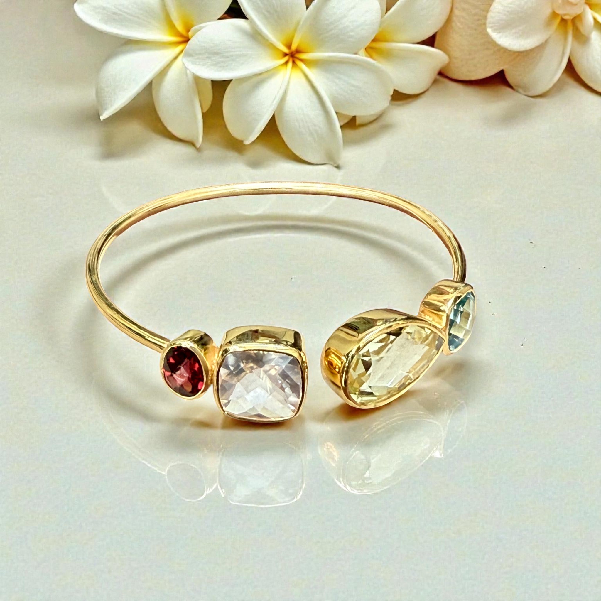 Multi-Gem Open Cuff Bangle – Garnet, Rose Quartz, Green Amethyst & Blue Topaz