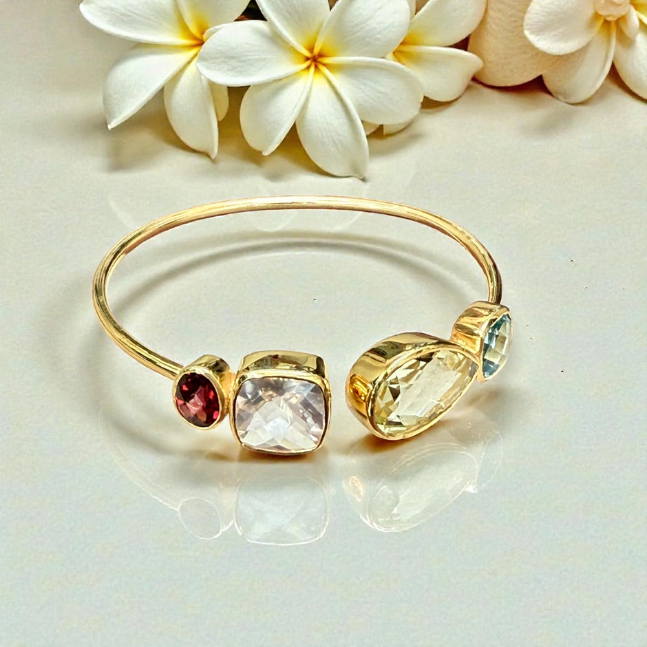 Multi-Gem Open Cuff Bangle – Garnet, Rose Quartz, Green Amethyst & Blue Topaz