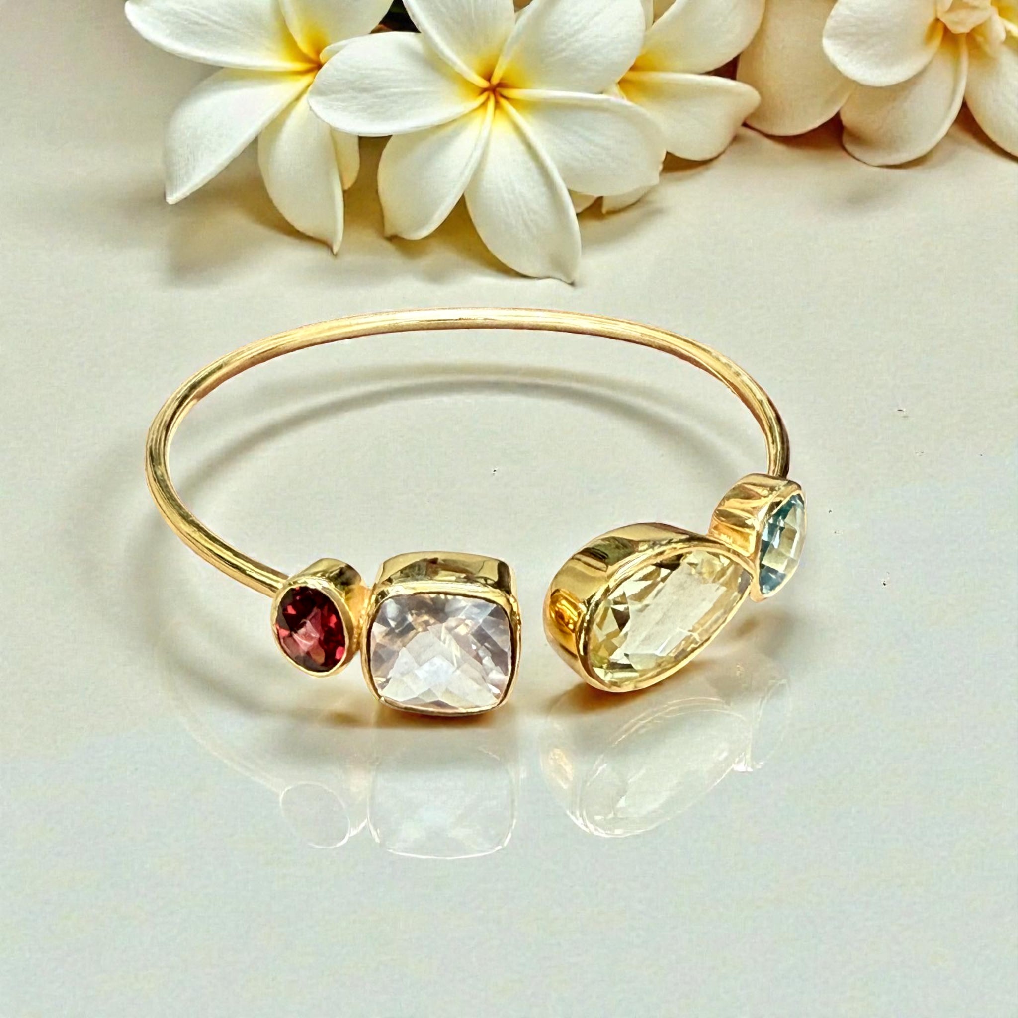 Multi-Gem Open Cuff Bangle – Garnet, Rose Quartz, Green Amethyst & Blue Topaz