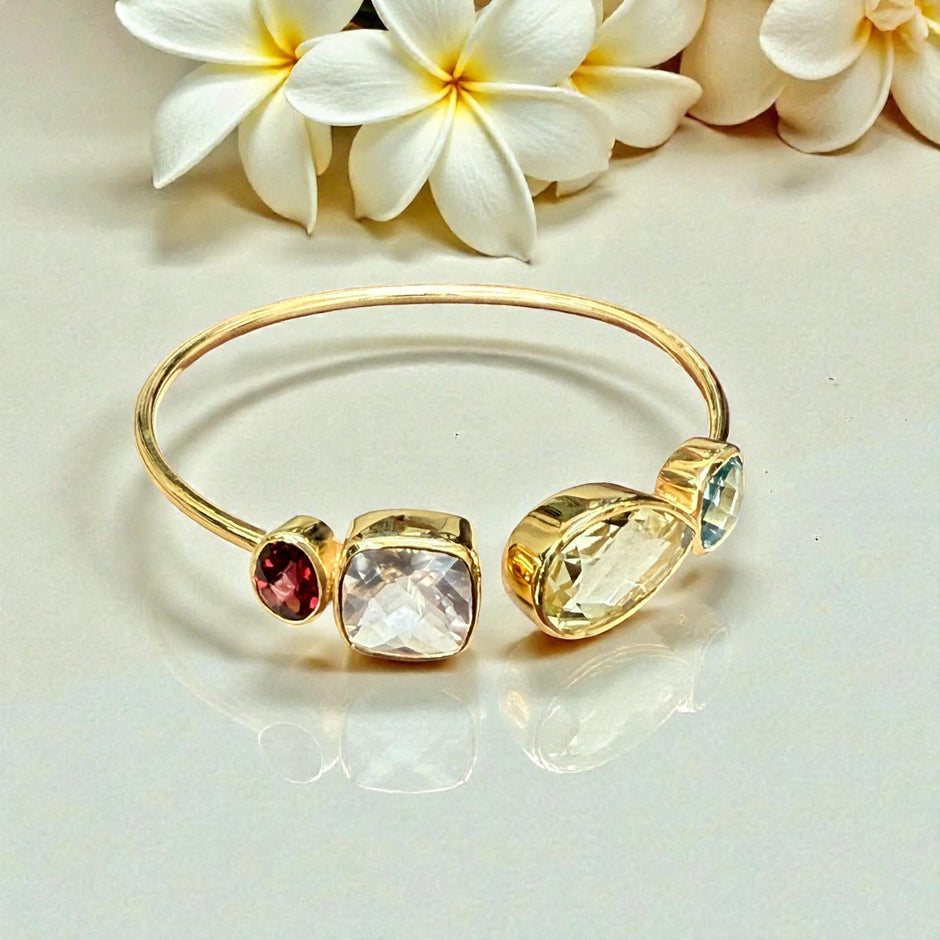 Multi-Gem Open Cuff Bangle – Garnet, Rose Quartz, Green Amethyst & Blue Topaz