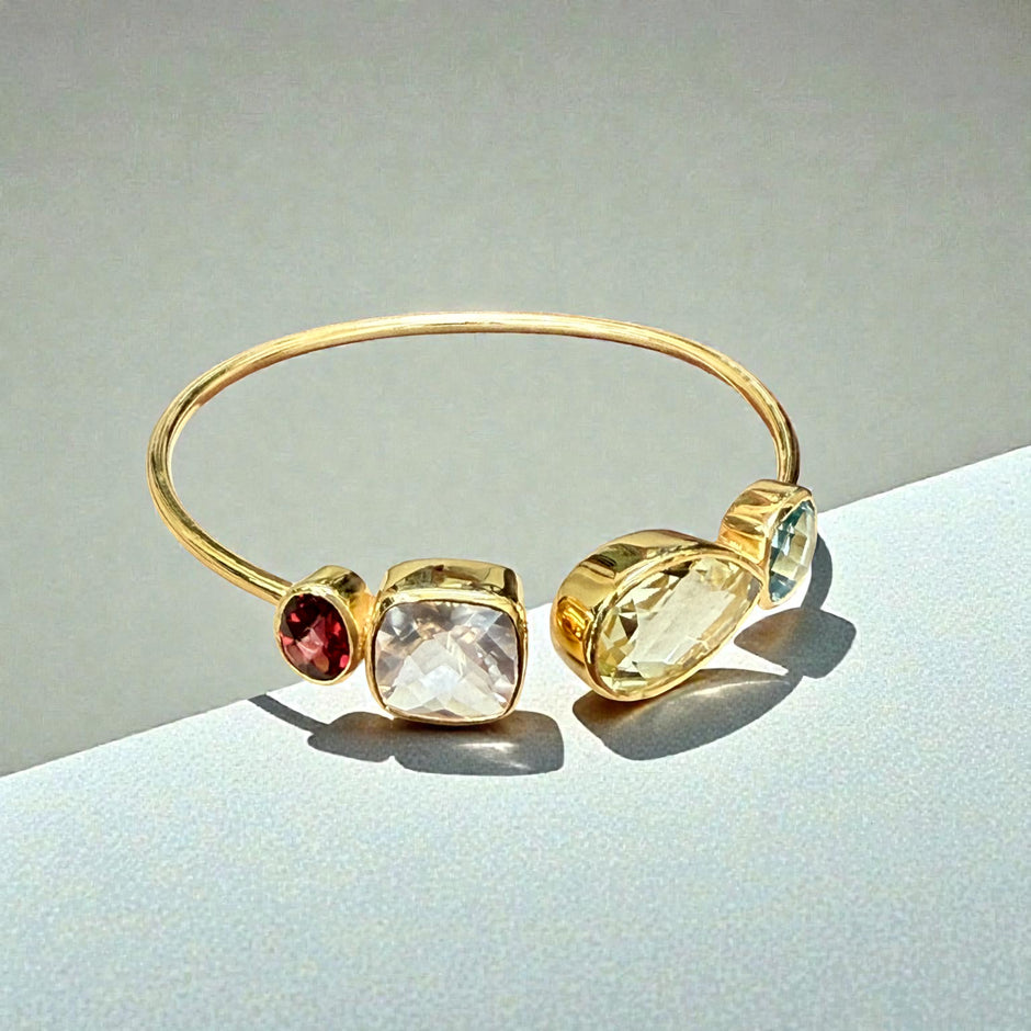 Multi-Gem Open Cuff Bangle – Garnet, Rose Quartz, Green Amethyst & Blue Topaz