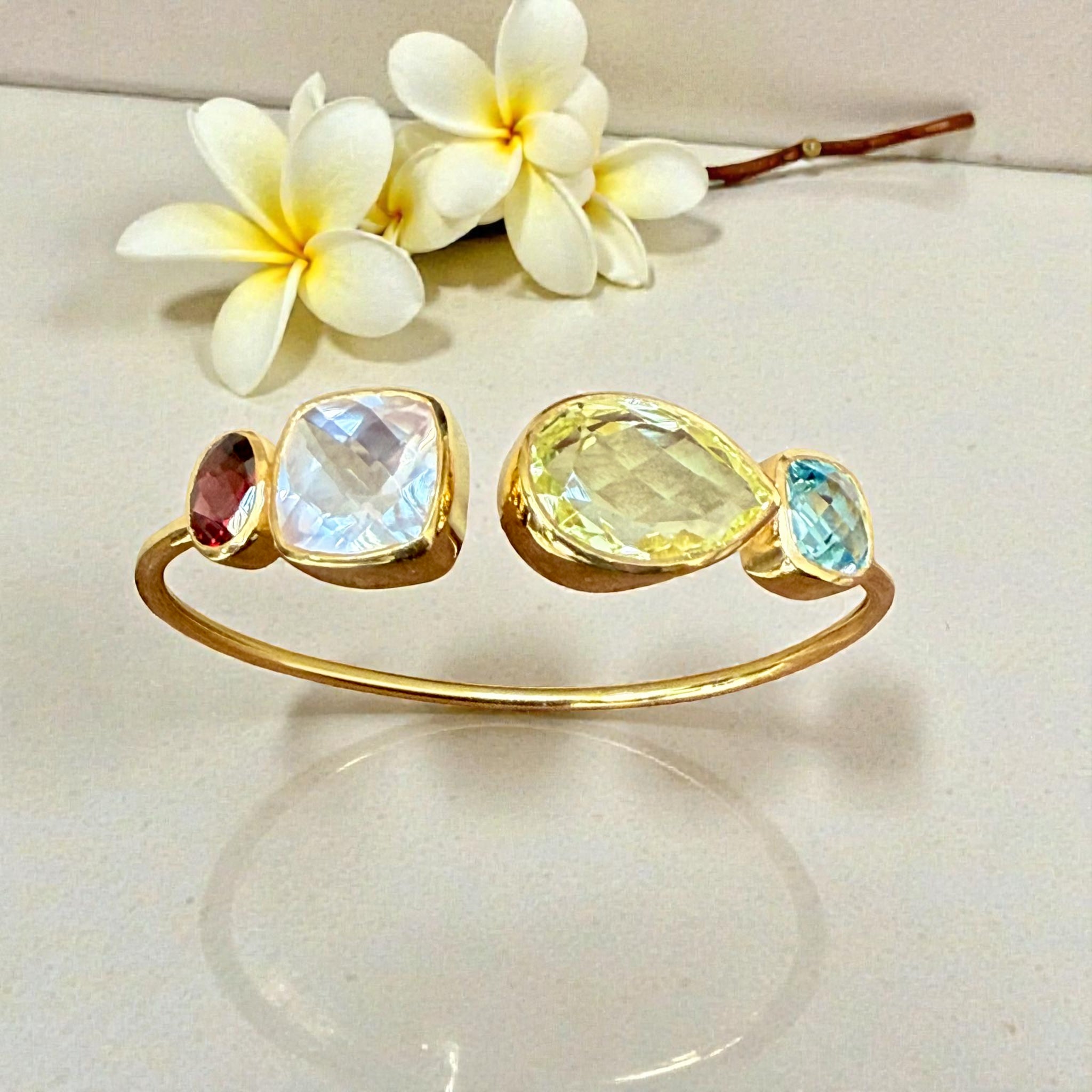 Multi-Gem Open Cuff Bangle – Garnet, Rose Quartz, Green Amethyst & Blue Topaz