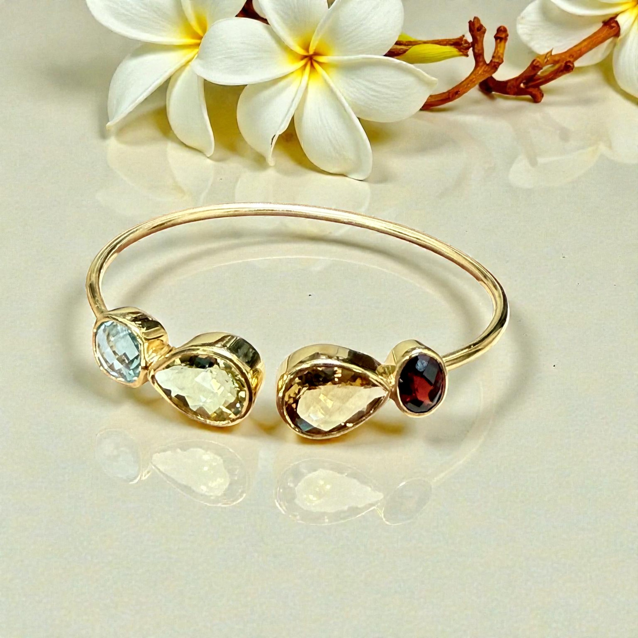 Multi-Gem Open Cuff Bangle – Garnet, Green Amethyst, Citrine & Blue Topaz
