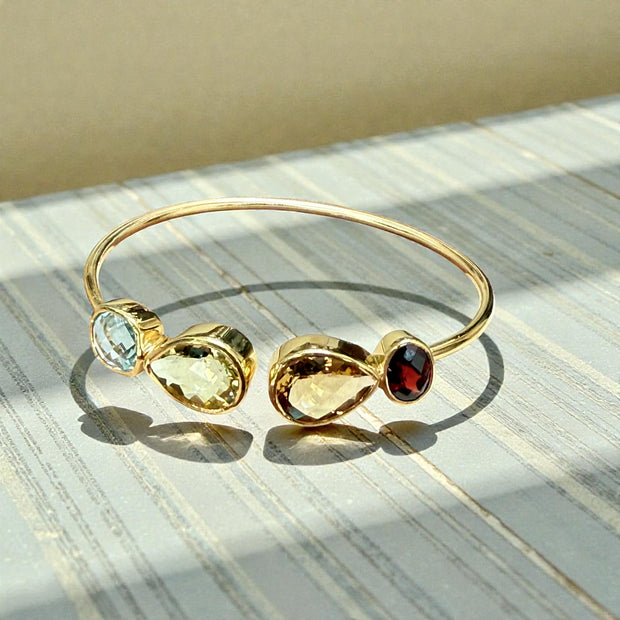 Multi-Gem Open Cuff Bangle – Garnet, Green Amethyst, Citrine & Blue Topaz