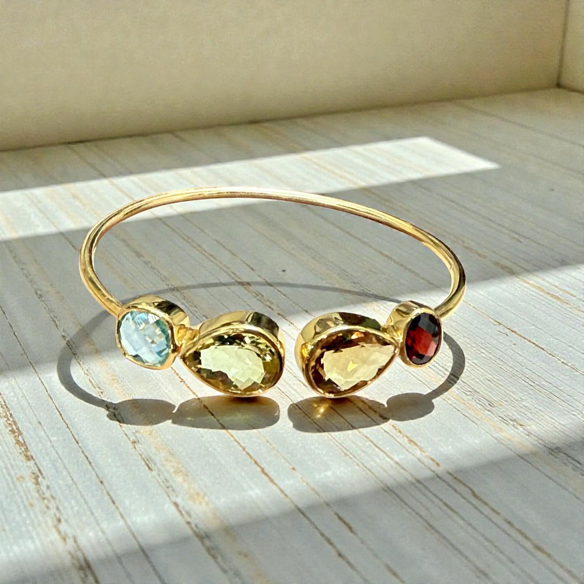 Multi-Gem Open Cuff Bangle – Garnet, Green Amethyst, Citrine & Blue Topaz