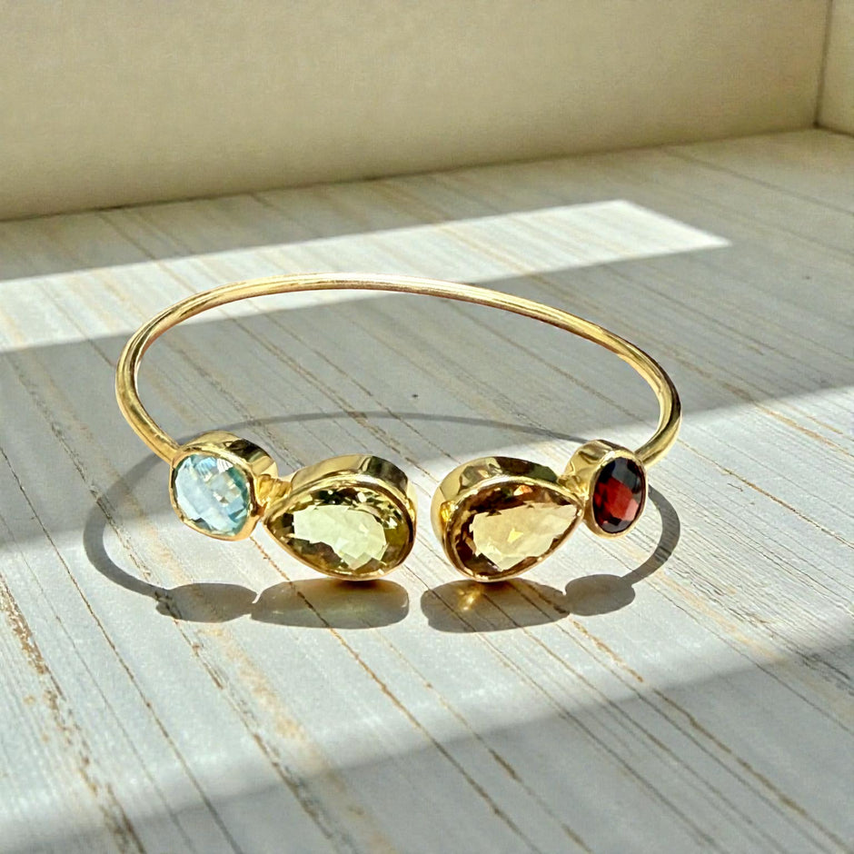 Multi-Gem Open Cuff Bangle – Garnet, Green Amethyst, Citrine & Blue Topaz