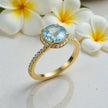 Blue Topaz & Moissanite Halo Ring – Gold Vermeil Engagement Ring – Vintage Style Statement Ring