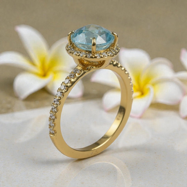 Blue Topaz & Moissanite Halo Ring – Gold Vermeil Engagement Ring – Vintage Style Statement Ring