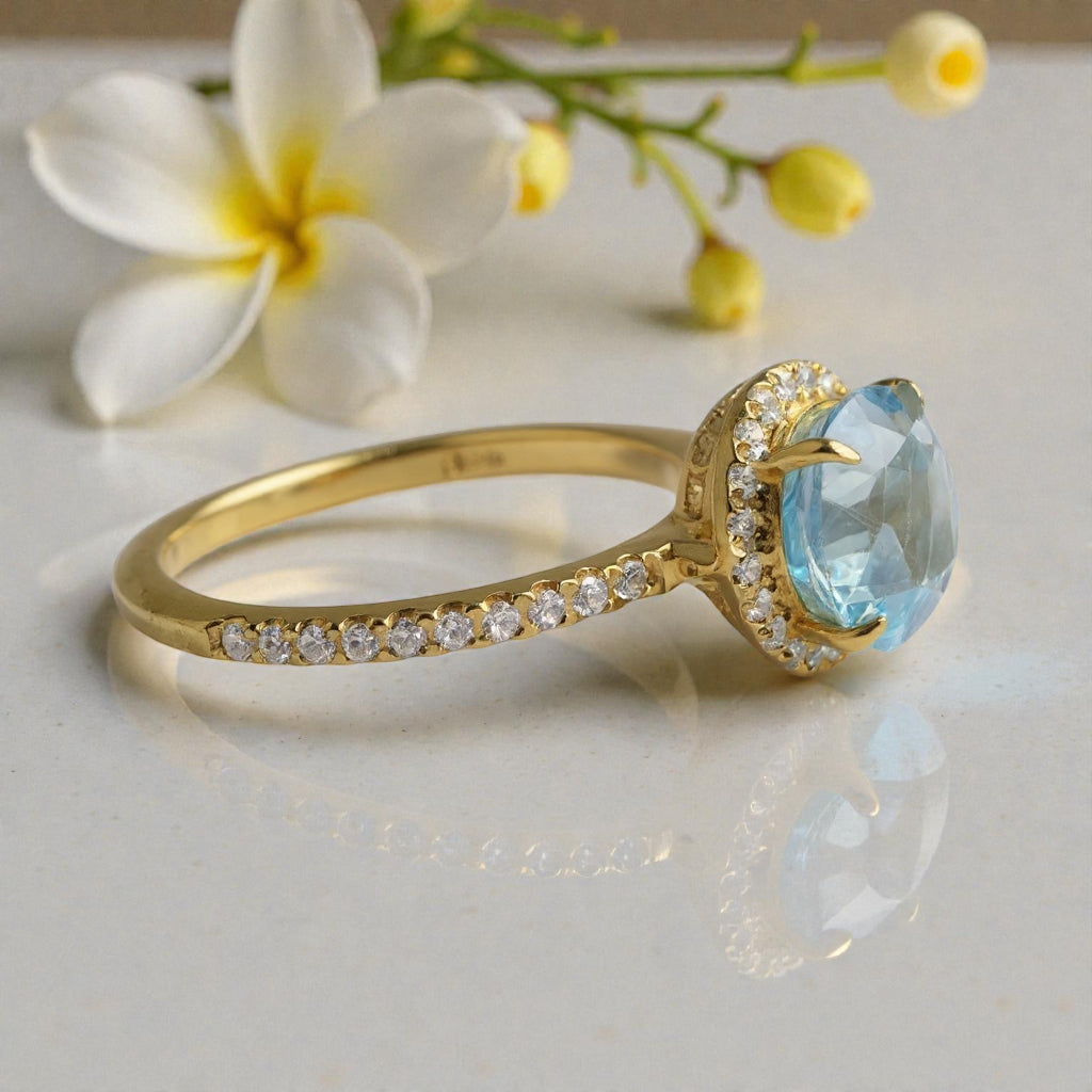 Blue Topaz & Moissanite Halo Ring – Gold Vermeil Engagement Ring – Vintage Style Statement Ring