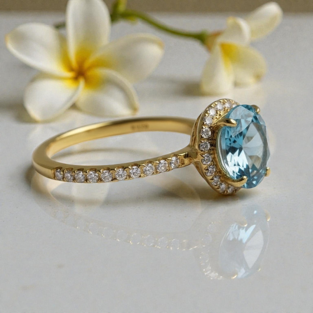 Blue Topaz & Moissanite Halo Ring – Gold Vermeil Engagement Ring – Vintage Style Statement Ring