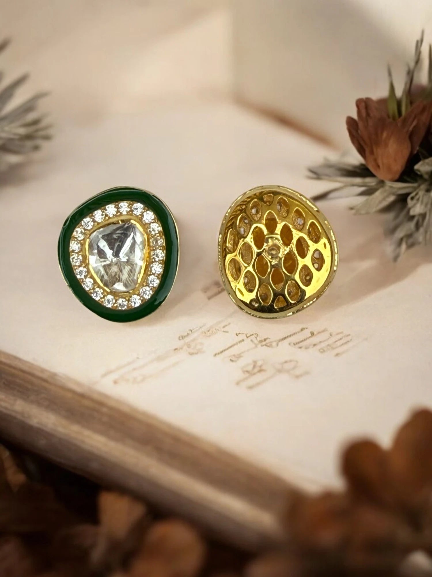 Noor-E-Gul green polki stud earrings