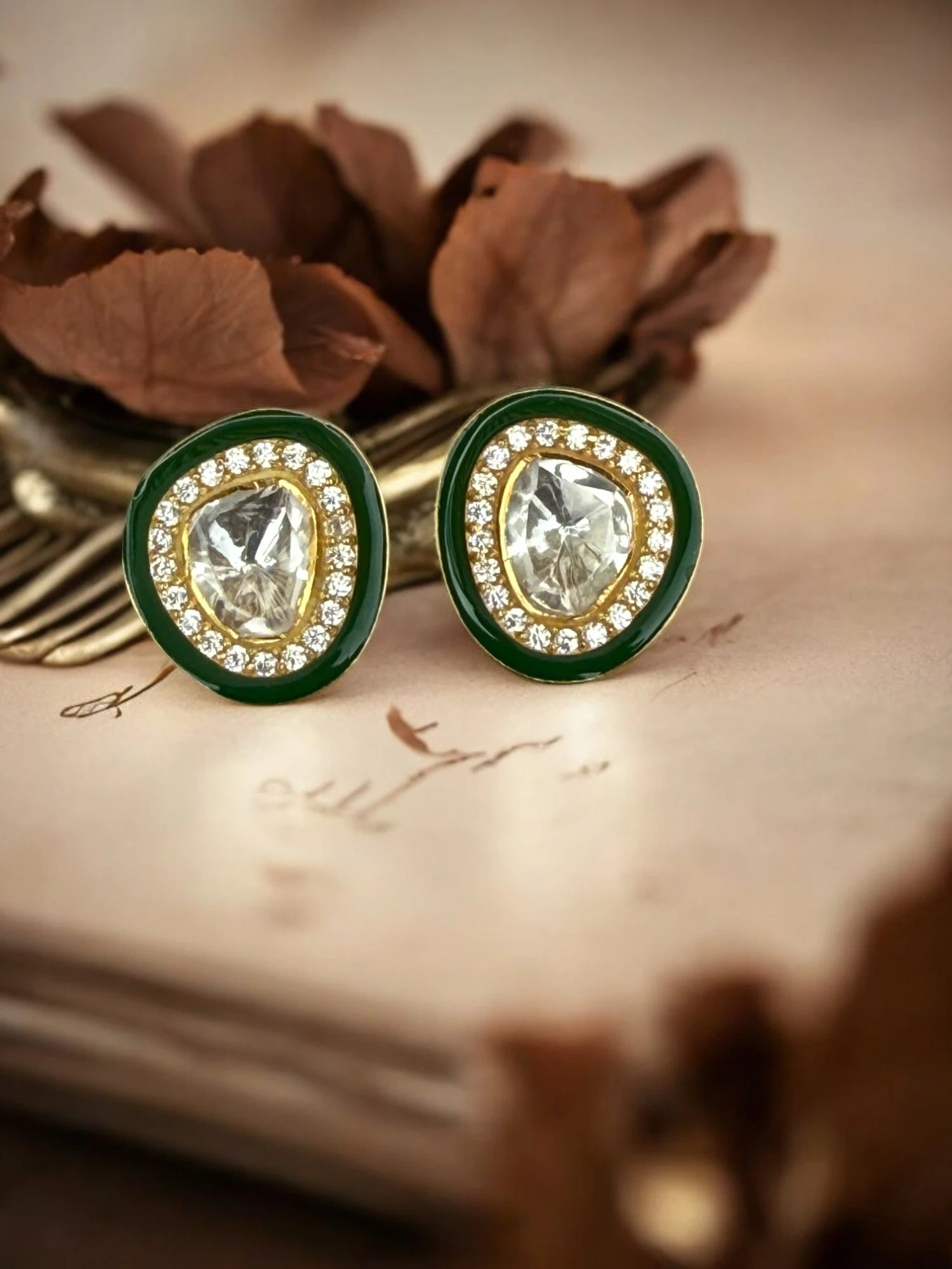 Noor-E-Gul green polki stud earrings