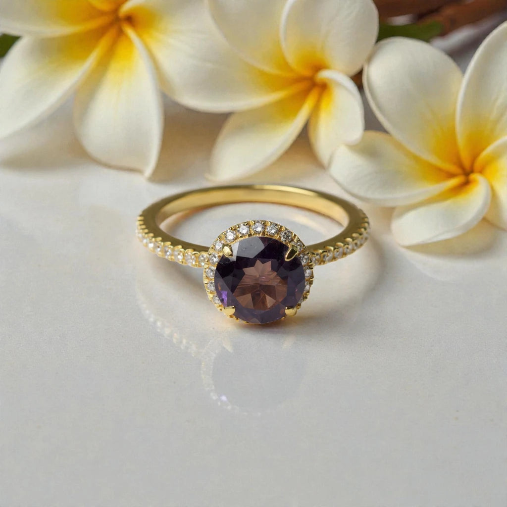 Amethyst & Moissanite Halo Ring – Gold Vermeil Engagement Ring – Vintage Style Statement Ring