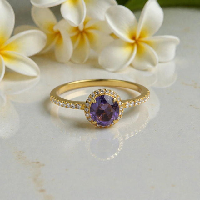 Amethyst & Moissanite Halo Ring – Gold Vermeil Engagement Ring – Vintage Style Statement Ring