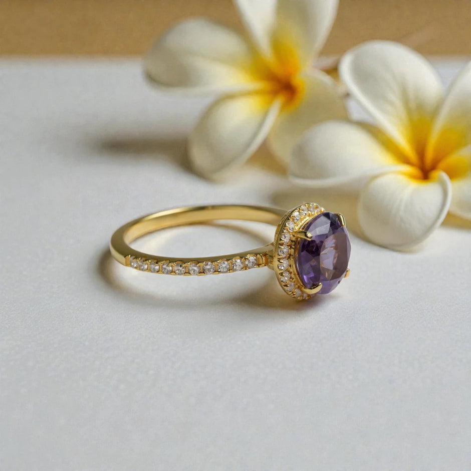 Amethyst & Moissanite Halo Ring – Gold Vermeil Engagement Ring – Vintage Style Statement Ring