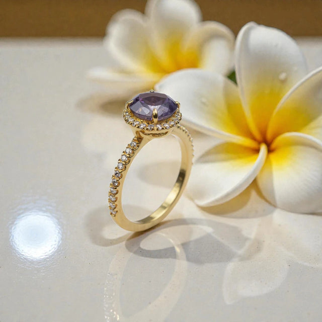 Amethyst & Moissanite Halo Ring – Gold Vermeil Engagement Ring – Vintage Style Statement Ring