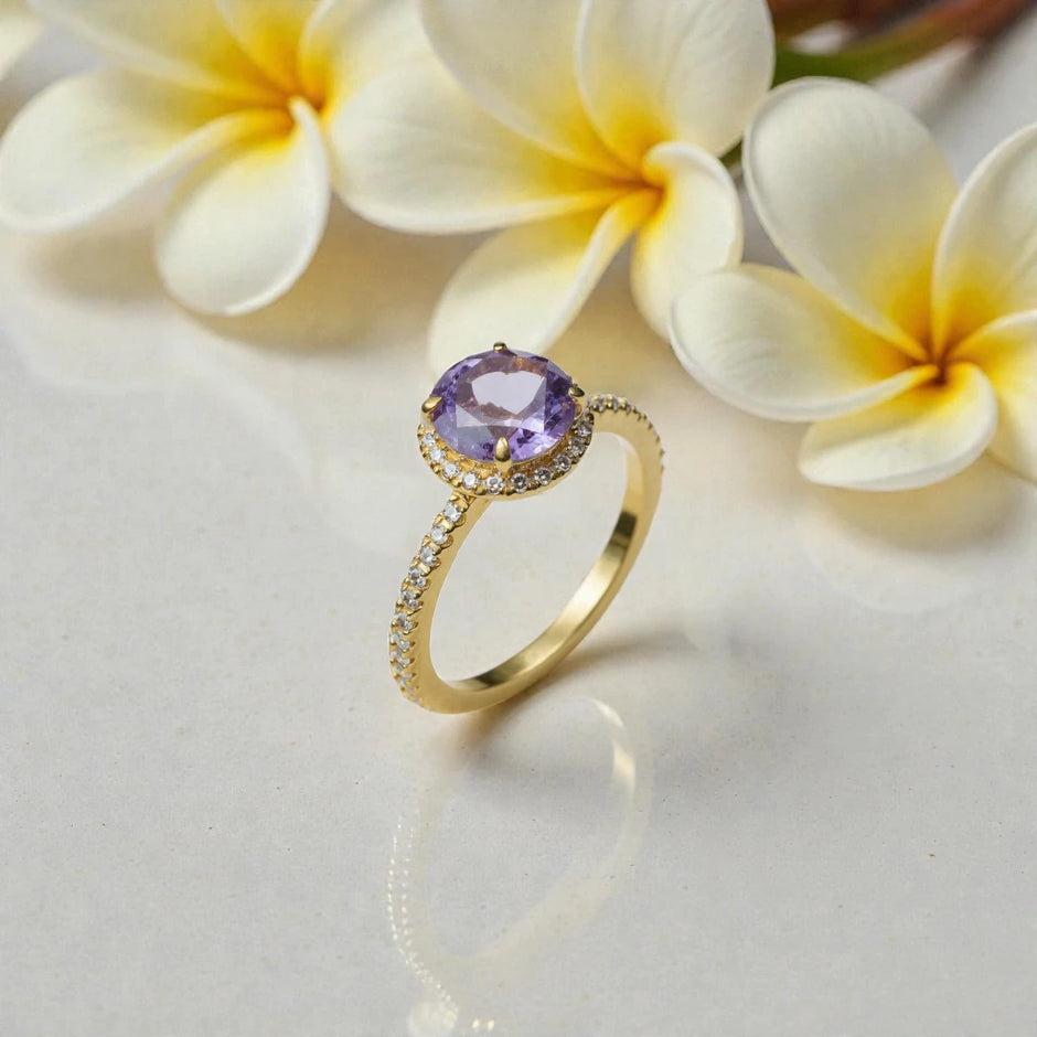 Amethyst & Moissanite Halo Ring – Gold Vermeil Engagement Ring – Vintage Style Statement Ring