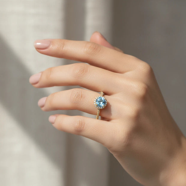 Blue Topaz & Moissanite Halo Ring – Gold Vermeil Engagement Ring – Vintage Style Statement Ring