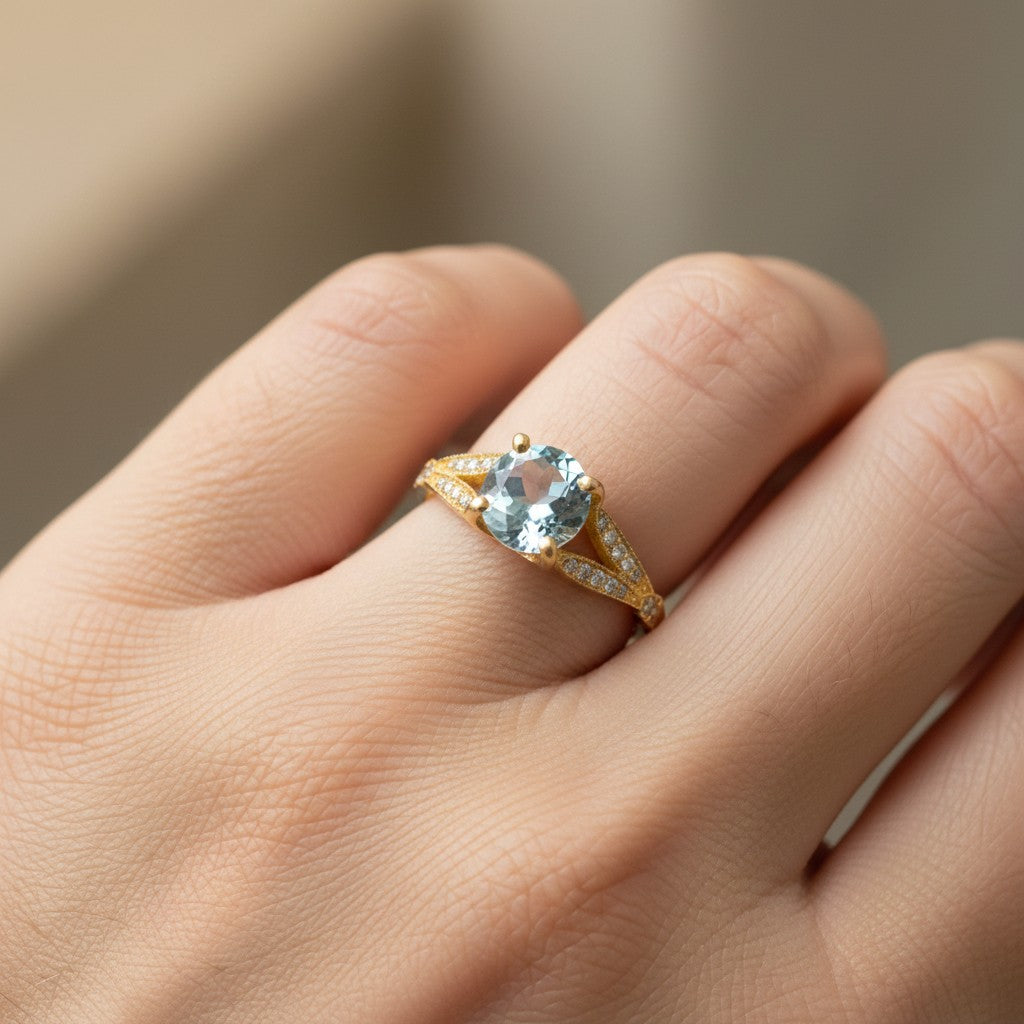 Round Cut Natural aqua marine Art Deco Ring RG-GM-AQ-SL-027
