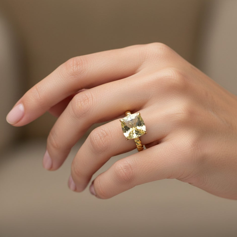 Natural Green Amethyst Twisted Band Eternity 14k Gold Vermeil Ring