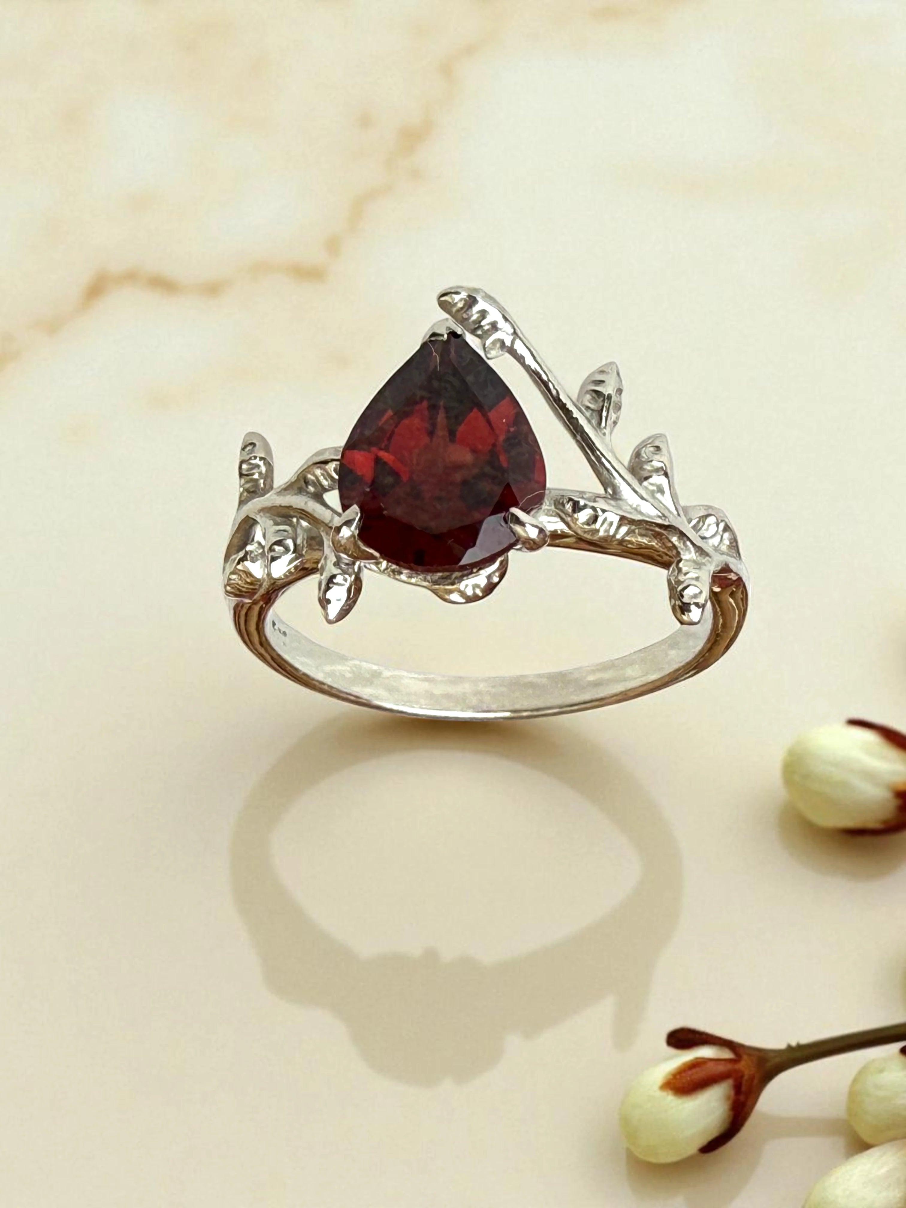 925 Garnet sterling silver ring nature inspired RG-GM-GA-SL-001