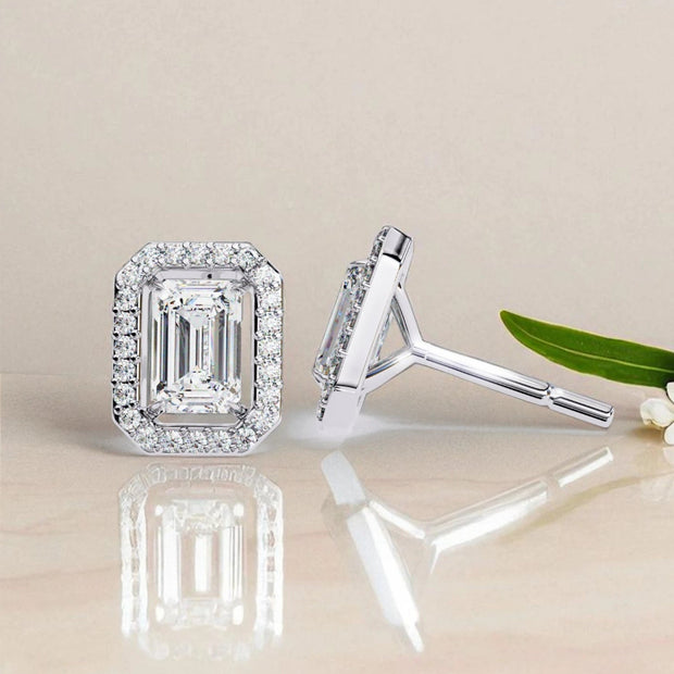 Emerald Cut Halo Solitaire Moissanite Diamond 925 Sterling Silver Stud Earrings