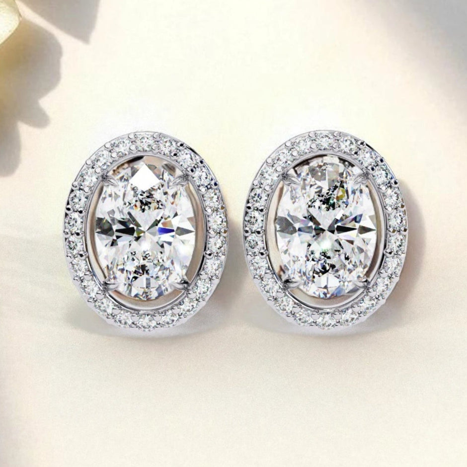 Oval Cut Halo Solitaire  Moissanite Diamond 925 Sterling Silver Stud Earrings