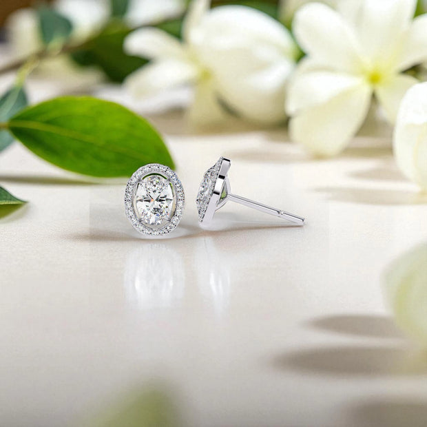 Oval Cut Halo Solitaire  Moissanite Diamond 925 Sterling Silver Stud Earrings