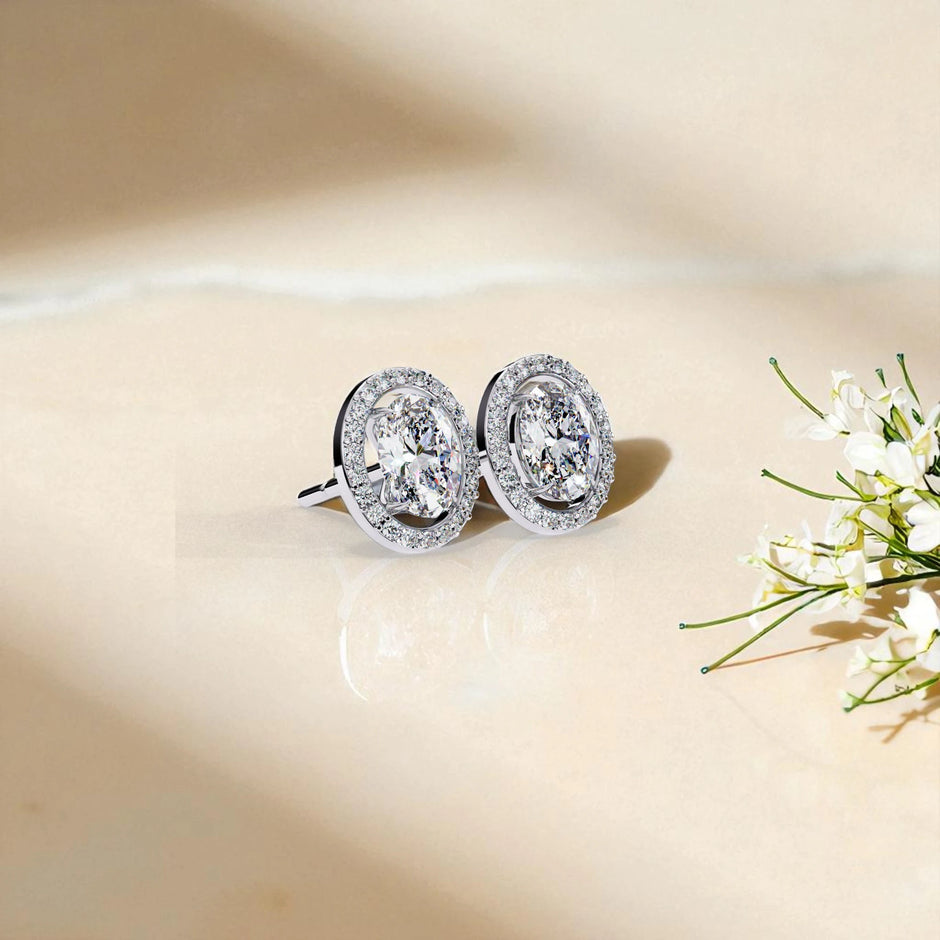 Oval Cut Halo Solitaire  Moissanite Diamond 925 Sterling Silver Stud Earrings