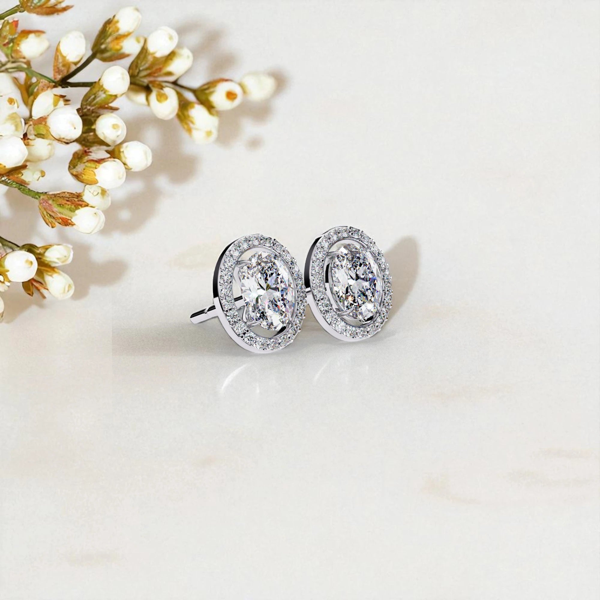 Oval Cut Halo Solitaire  Moissanite Diamond 925 Sterling Silver Stud Earrings