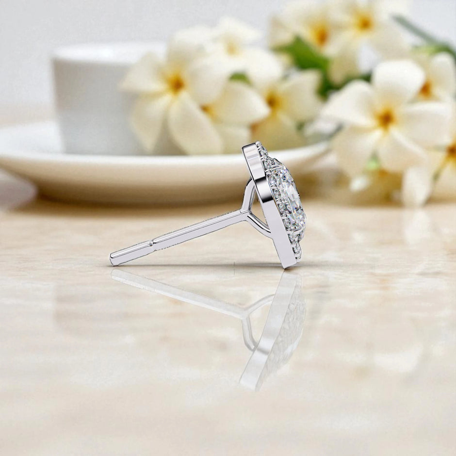 Oval Cut Halo Solitaire  Moissanite Diamond 925 Sterling Silver Stud Earrings