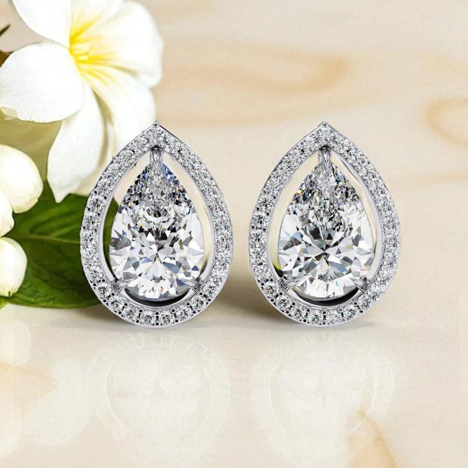 Pear Cut Solitaire Halo Moissanite diamond 925 Sterling Silver stud Earrings