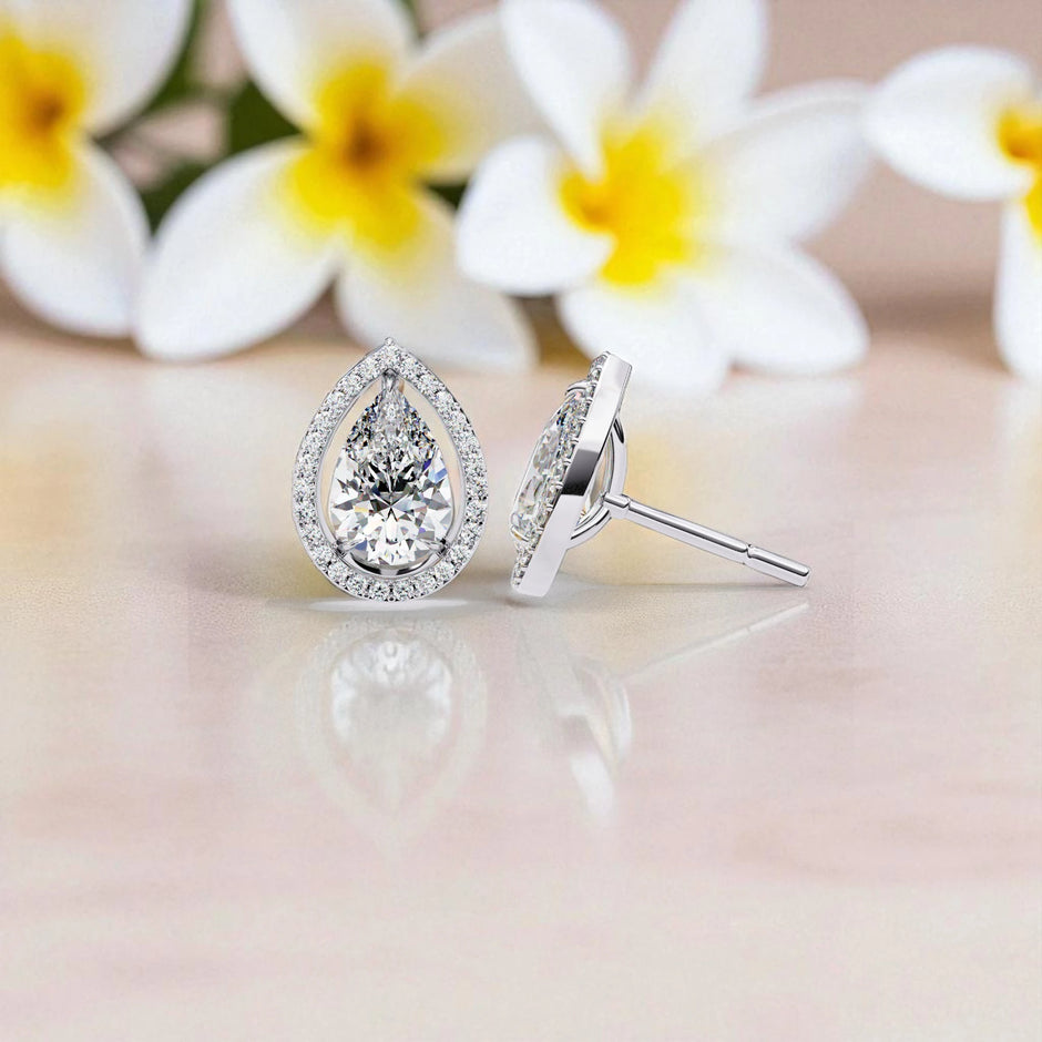 Pear Cut Solitaire Halo Moissanite diamond 925 Sterling Silver stud Earrings