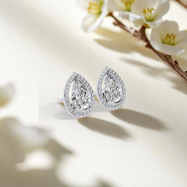 Pear Cut Solitaire Halo Moissanite diamond 925 Sterling Silver stud Earrings