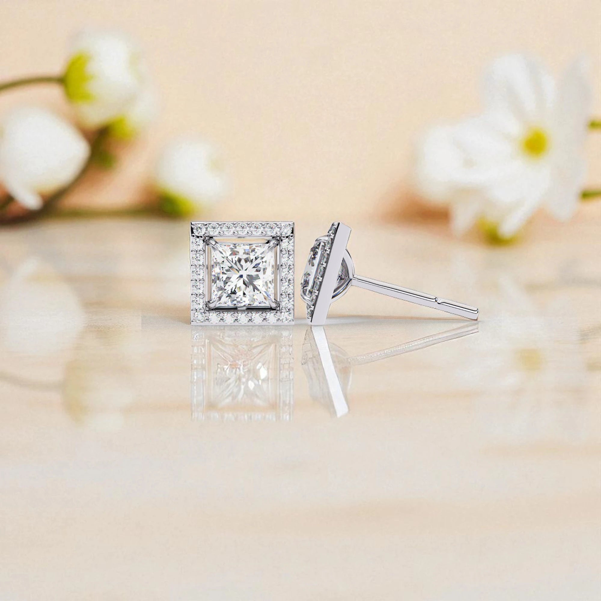 Princess Cut Solitaire Halo Moissanite Diamond 925 Sterling Silver Stud Earrings