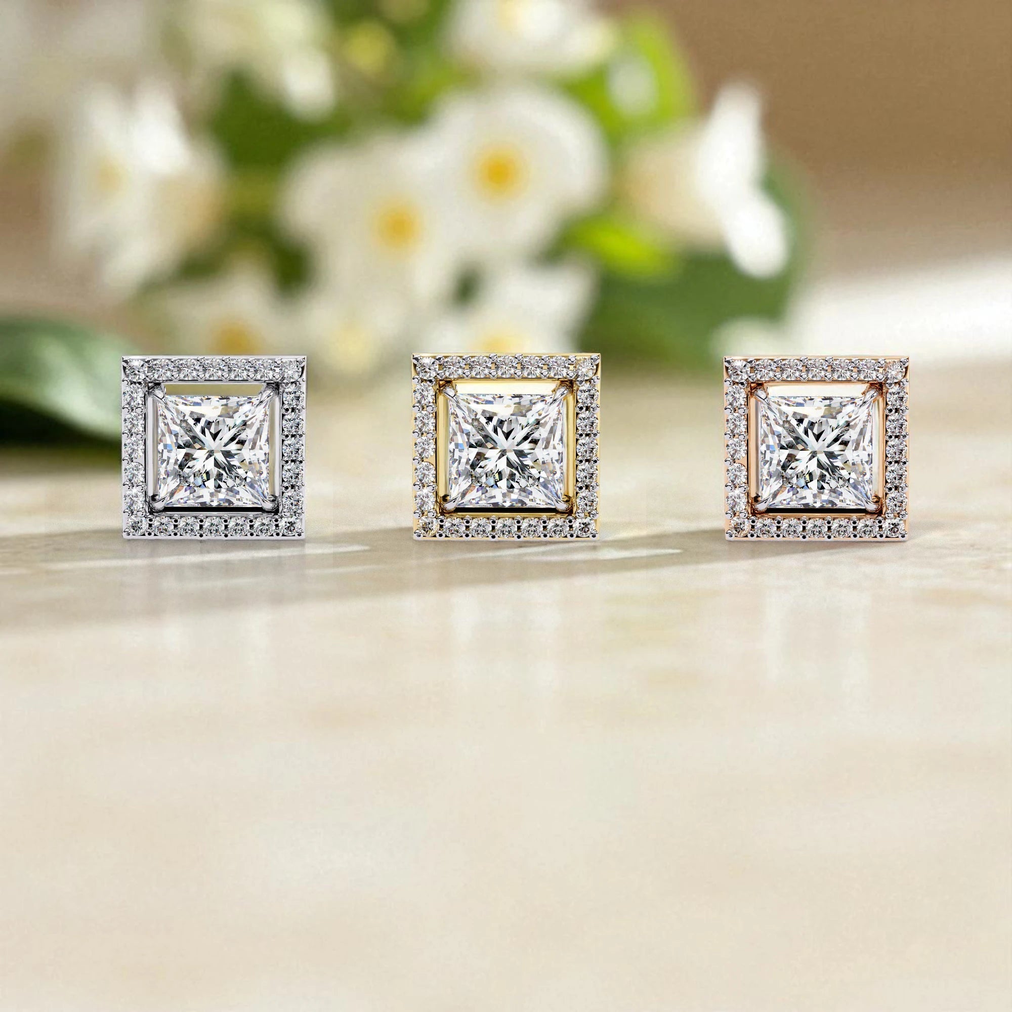 Princess Cut Solitaire Halo Moissanite Diamond 925 Sterling Silver Stud Earrings