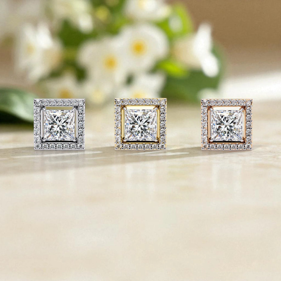Princess Cut Solitaire Halo Moissanite Diamond 925 Sterling Silver Stud Earrings