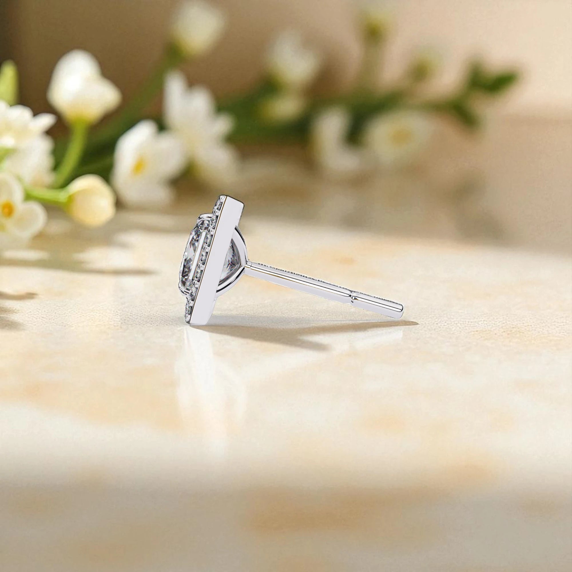 Princess Cut Solitaire Halo Moissanite Diamond 925 Sterling Silver Stud Earrings