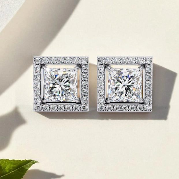 Princess Cut Solitaire Halo Moissanite Diamond 925 Sterling Silver Stud Earrings