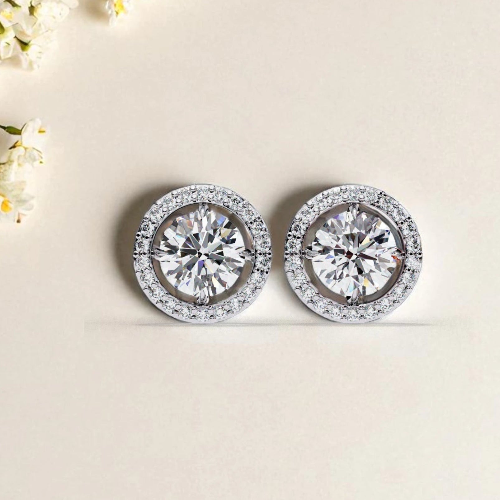 Round Cut Solitaire Halo Moissanite Diamond 925 Sterling Silver Stud Earrings