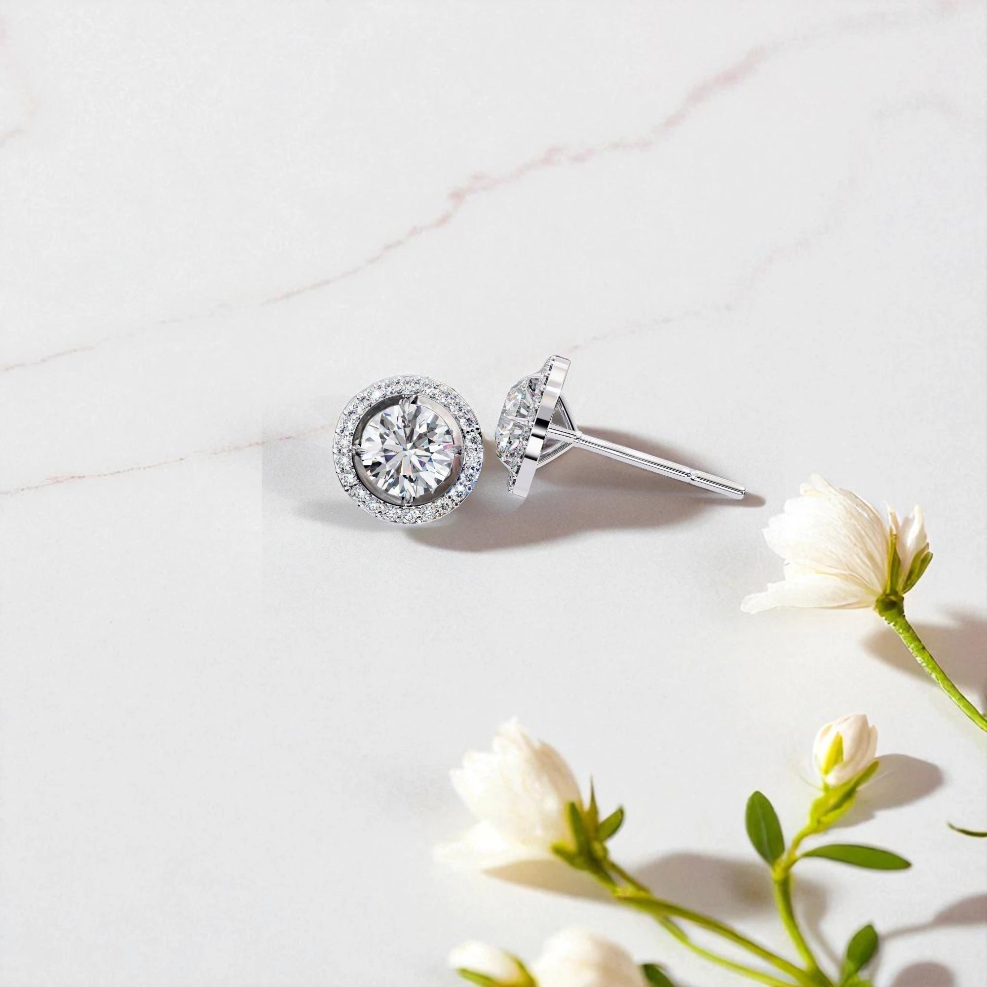 Round Cut Solitaire Halo Moissanite Diamond 925 Sterling Silver Stud Earrings