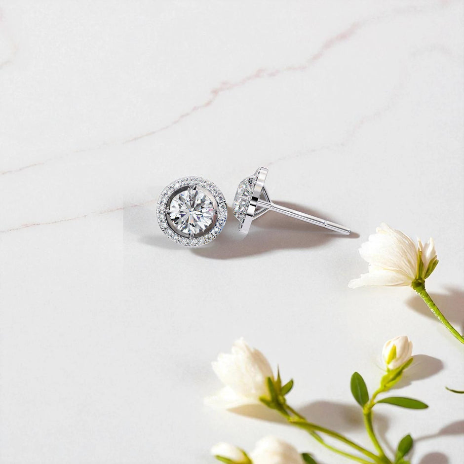 Round Cut Solitaire Halo Moissanite Diamond 925 Sterling Silver Stud Earrings