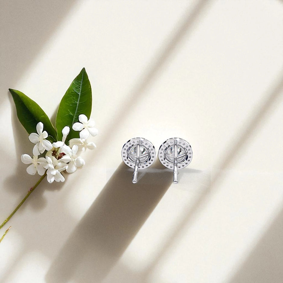 Round Cut Solitaire Halo Moissanite Diamond 925 Sterling Silver Stud Earrings