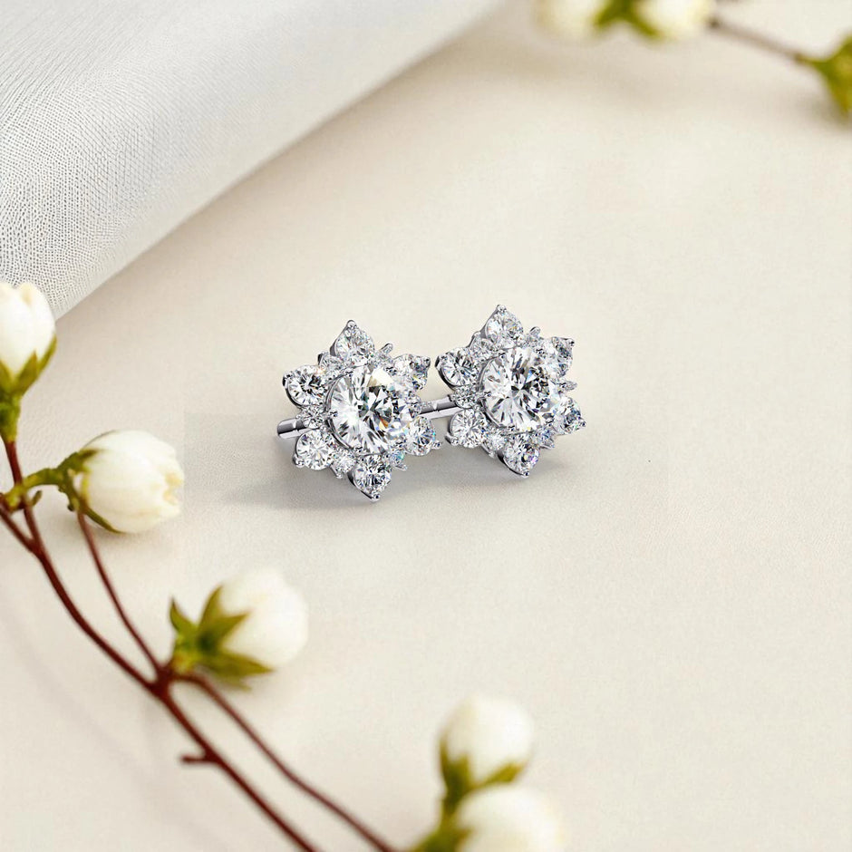 Floral  Moissanite diamond 925 Sterling Silver stud Earrings