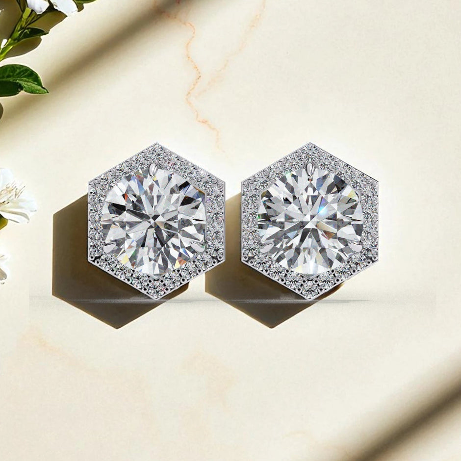 Round Cut Solitaire  Halo Moissanite Diamond Stud Earrings