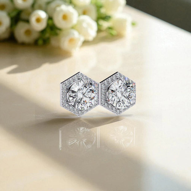 Round Cut Solitaire  Halo Moissanite Diamond Stud Earrings