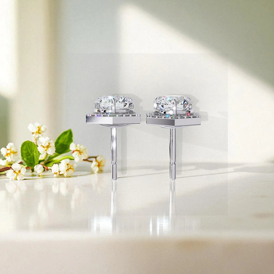 Round Cut Solitaire  Halo Moissanite Diamond Stud Earrings